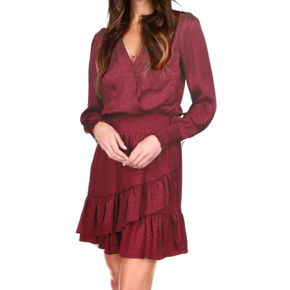 Michael Kors Long-Sleeve Burgundy Ruffle Cocktail Dress, Size M
